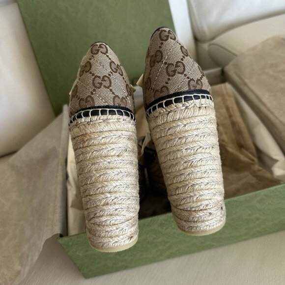 NEW GUCCI Pilar GG Ankle Tie Espadrille Platform Wedge Size 40.5 in Beige/ Brown - Picture 6 of 11